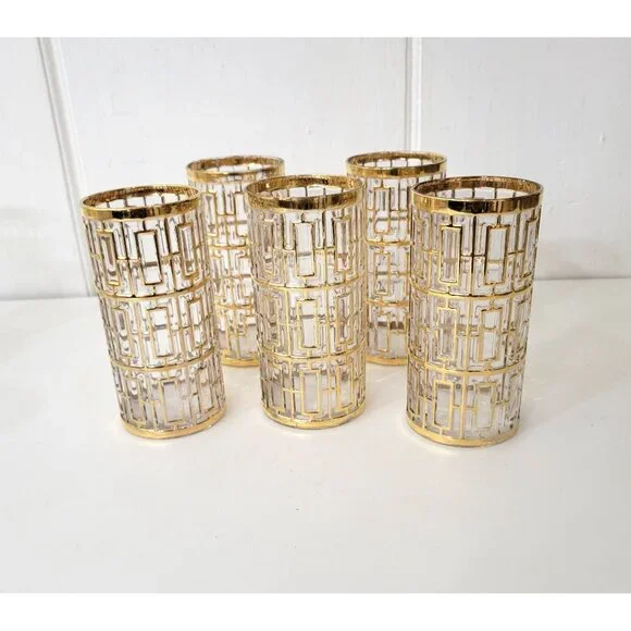 Imperial Glass Shoji Gold Trellis Drinking Glasses Set of Five Plus 3 Extras MCM - Picture 2 of 9